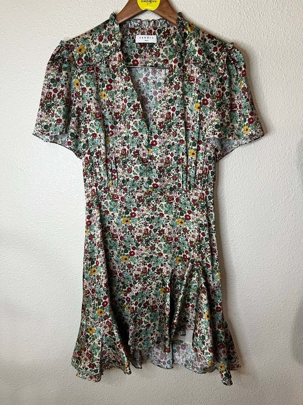 Sandro Fee Green Floral Satin Mini Cocktail Dress Womens 36 US SMALL
